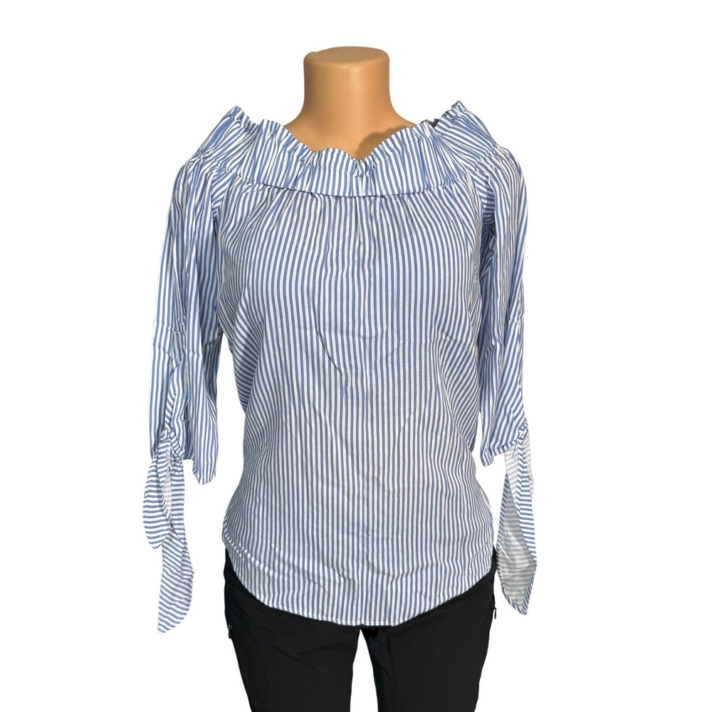 H&M Blue White Stripe Off Shoulder Bardot‎ Tie Sleeve Blouse Top Shirt US 4